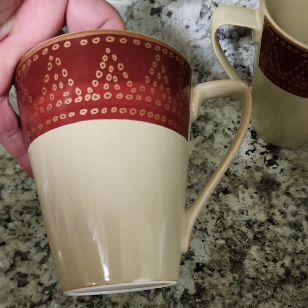 Pier 1 Cream and Red Mug Pair